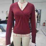 Y2K Cute Grunge Burgundy T-shirt 00s Vintage V Neck Long Sleeve Tees Chic Retro Women Milkmaid Tops Autumn Techwear Clothes