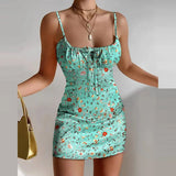 Casual Floral Print Mini Dresses Women Sexy Sleeveless Slim Sling Vestidos Summer Lady Fashion Lace Up Square Collar Party Dress
