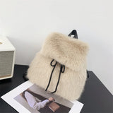 Pbong  Plush Backpack Imitation Rabbit Fur Backpack Student Girl's Large Capacity Drawstring Leopard All-Match