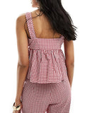 Y2k Red Gingham Tank Top Sleeveless Women Bow Tie Down Plaid Camisole Ruffle Hem Peplum Tops Summer Streetwear