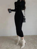 Vintage Knitted Long Sleeve Dresses Women Slim Bodycon Korean Elegant Dress Lady Winter Buttons V Neck Sweater Midi Dress
