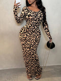 Pbong  Leopard Print Long Sleeve Bodycon Maxi Dress for Evening Party