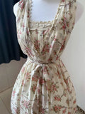 Summer Japan Style Sweet Print Slim Strap Dress 2000s Lace Patchwork One Piece Dress Korean Harajuku Vintage Beach Party Dress