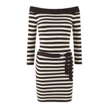 Pbong  Sexy Off Shoulder Striped Knit Package Hip Dress For Women Long Sleeve With Belt Bodycon Mini Dresses New Autumn Robe
