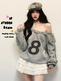 Y2K Streetwear Gray Sweatshirts Women Off Shoulder Loose Letter Pullovers Harajuku Retro Female Casual American Tops New