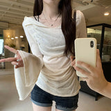 Pbong  Women Clothing Summer Sun Protection T Shirts Flare Sleeve All Match Slim Fit Tees Fashion Tunic Pleated Tshirt