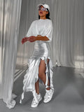 Summer Female Long Skirt Ruffled High Waist Broken High Split Fashion Pleated Sexy Solid Patchwork Maxi Skirt