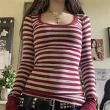 Pbong  Women's Fall Ribbed Tops Stripe Long Sleeve Scoop Neck Shirt Casual Slim Fit T-shirts