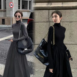 New French Style Temperament Women's High-Grade Black Dress Hepburn Style Gray Turtleneck Dress for Women Autumn and Winter