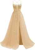 Pbong  Lace Applique Sparkly Tulle Prom Dresses for Women with Slit Spaghetti Straps Backless A Line Long Ball Gown