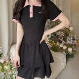 Pbong  Women's Black & Pink Contrast Collar Polo Dress, Short Sleeve Ruffle Hem Bodycon Mini Dress with Embroidery Detail