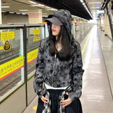 Y2k American Vintage Slim Hot Sweet Print Hooded Sweatshirts 2000s Long Sleeve Subculture Zip Up Hoodies Autumn Crop Tops Coat