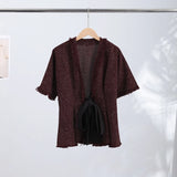 Pbong  Elegant Lace Up Women's Blazer V-neck Short Sleeve Pleated Waist-cinching Female Top Summer Vacation Lady Blouse New