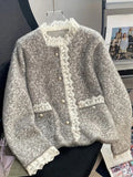 Faux Mink Cashmere Gray Cardigan Women Lace Patchwork Long Sleeve Elegant Knitted Sweaters Vintage Korean Casual Pockets Tops