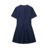Three Button V Neck Street Chic Demin Dress Women Dress  New Short Sleeve A-line Summer Dresss Fashion Retro Woman Clothing