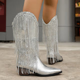 Pbong  Glittering Silver Cowboy Boots with Long Tassels, Pointed Toe Western Boots, Chunky Low Heel Biker Style