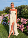 Elegant Irregular Tube Long Dresses Women Retro White Pleated Backless Halter Maxi Evening Dress Female Summer Chic Party Beach