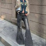 Fashion Streetwear Side Pockets Cargo Denim Pants Swxy Low Waist Punk Harajuku Women Trousers Y2k Aesthetic Flare Long Bottoms