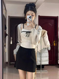 Korean Luxury Temperament Two Piece Sets Design Women Clothes Spliced Bow Appliques Tank Tops Y2k Aesthetic Long U Neck Tops