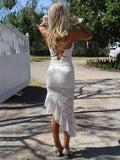 Hollow Out Halter Sexy Maxi Dress Women Gown White Lace Patchwork Sleeveless Backless Ruffled Split Club Long Dress