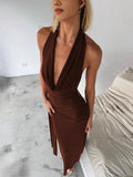 Pbong  Fashionable Sexy Long Dress V-Neck Hanging Neck Backless Slim Fit Bodycon Dress Milk Silk Fabric High Waist Street Style