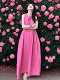 Rose Red Sleeveless Vest Dress Women's Summer New Loose Slimming Long Skirt French Style Casual round Neck H-Shape Dress