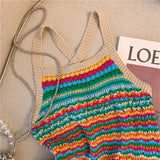 Bohemian Striped Knitted Camisole Vest For Women's summer Contrasting Spaghetti Strap Short Top Seaside Vacation T-shirt