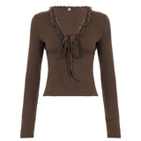Pbong  V-neck Lace Patchwork Solid Color Skinny Long Sleeves T-shirts Women's Daily All Match Sexy Top Tees Fashion Basic New