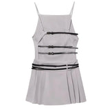 Backless Streetwear Short Dress Hotgirl Double Belt Gray Tight Women Dress Fashion Square Collar Sleeveless Pleat Dress 2025 New