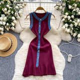 Pbong  Chic Fashion Sexy Package Hips Knitted Mini Dress Summer Vintage Denim Patchwork Ruffled Party Dress Streetwear