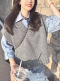 Gray Sweater Vest for Women Sleeveless V-Neck Knitted Vest Ladies French Chic Knitwear Tank Top Autumn Winter Casual Outfit