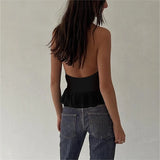 Pbong  Euramerican Sexy Halter Deep V Neck Tank Tops Heavy Hot Diamond Design Temperament Women Camisole Spicy Backless French Tops