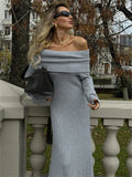 Off-Shoulder Knit Long Dress Women High Waist Slim Elegant Fashion Pleated Maxi Dress Long Sleeve Backless Knitwear Dress