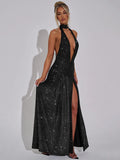 Glitter Deep V Neck Sexy Maxi Dress For Women Gown Fashion Sparkle Halter Sleeveless Backless Split Club Long Dress