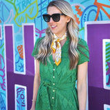Fashion Hollow Out Embroidery Belt Long Dress Turn Down Collar Solid Color Green Elegant Women Dress 2025 New Chic Vestidos