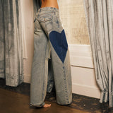Pbong  Womens Y2K Ripped Wide-Leg Jeans Heart Shaped Print Loose Fit Trousers Button Low Waist Denim Long Pants with Pockets