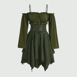 Women's Dresses Autumn Halloween Contrast Color Asymmetrical Hem Flounce Trim Lace Up Long Sleeve Off Shoulder Mini Dre