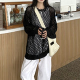 Oversized Crochet Top for Women Long Sleeve Crew Neck Casual Open-knit Sweater Pullovers Top Teen-girl Grunge Y2K Outfit
