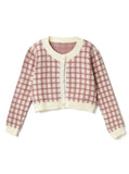 Women Checkerboard Crop Knit Cardigan Sweater Long Sleeve Button-up Box-fit Plaid Knit Top Teenage Girls Outfit