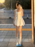 Pbong  White Dress Women's Spring New Style Feel Outfit Short Skirt French Style Pure Color Waist Cinched Midi Dress