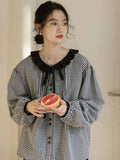 Vintage Sweet Plaid Shirts Women Casual Loose Ruffles Japan Blouse Spring Elegant Long Sleeve Female Cute Preppy Style Top