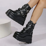 Pbong  Women's Gothic Chunky Platform Ankle Boots Thick Bottom Wedges PU Leather Combat Shoes Woman Rivet Buckle Decor Black Punk Boots