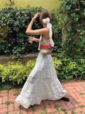 Embroidered Hollow Lace Spliced White Long Skirt 2025 Spring Summer New Elastic Waist Cotton A-line Vacation Beach Boho Skirt