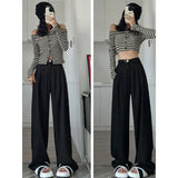 Fall Winter Elegant Gray Suits Pants for Women Office Lady High Waist Wide Leg Fashion Trousers with Pockets Black Pants