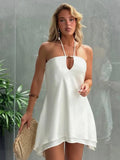 Halter Off-shoulder Backless Sexy Mini Dress Women White Hollow Out Strapless Lace-up A-line Club Dress Summer