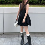Pbong  Black Sleeveless Vest Dress Women's Summer Gentle Style Loose Skirt High Waist Cotton Blend  Sweet Style Floral Embellished