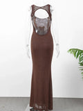 Elegant Bead Mesh Patchwork Long Dress For Women Backless O-neck Sleeveless Slim Robes Shiny Party Club Sexy Dresses