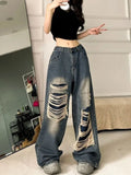 Pbong  American High Street Jeans Hole Patchwork Pockets High Waist Wide Leg Pants Y2k Harajuku Vintage Spicy Girl Women Clothing