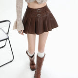 Vintage Brown Leather Skirt Women Y2k Sexy Gothic Pleated Mini Skirt Black Punk Grunge Retro Short Skirts Streetwear