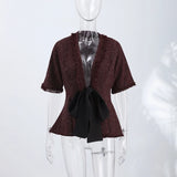 Pbong  Elegant Lace Up Women's Blazer V-neck Short Sleeve Pleated Waist-cinching Female Top Summer Vacation Lady Blouse New